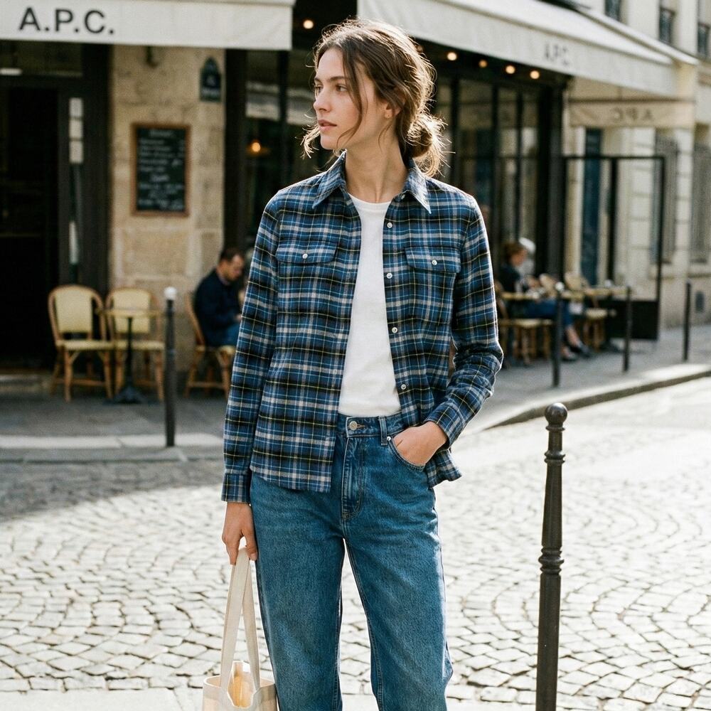 A.P.C. Blue Plaid Button up Flannel Shirt 100% Cotton size XS